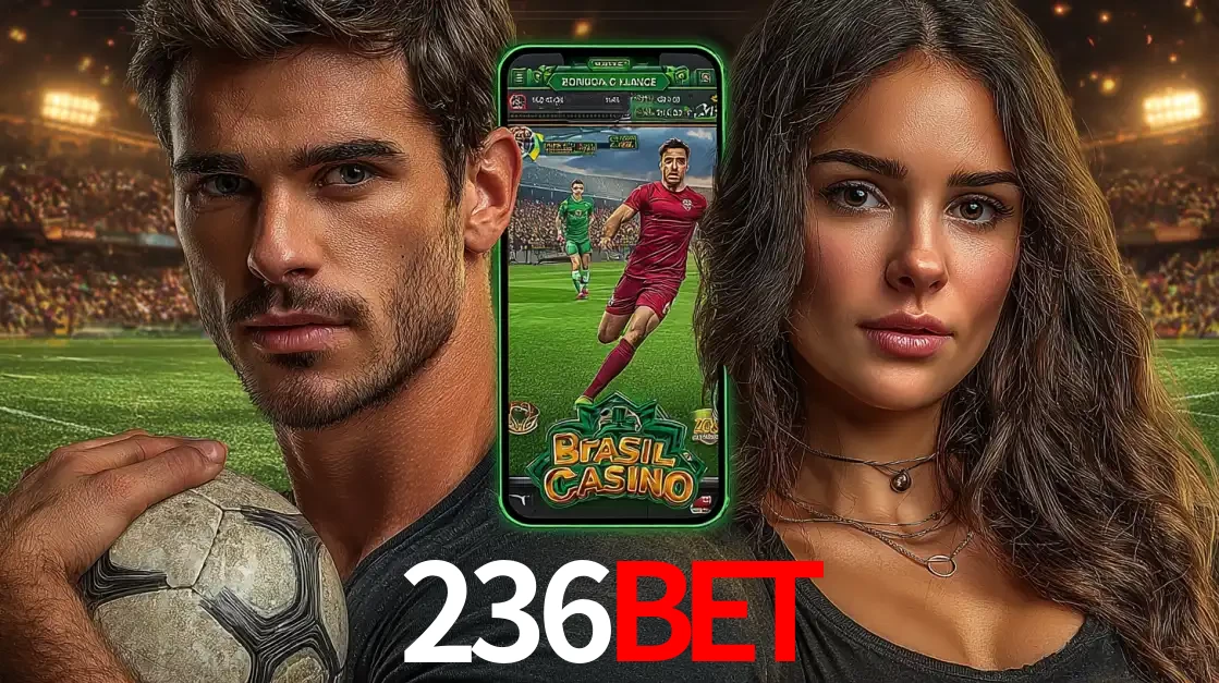 Homem segurando uma bola de futebol e uma mulher ao lado de um smartphone exibindo o jogo de apostas esportivas da 236BET. Faça seu palpite no cassino online.